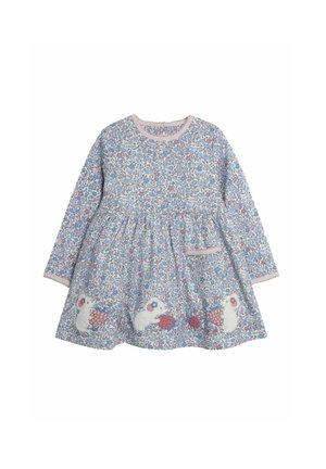 Robe à manches longues avec un motif floral bleu, une bordure rose clair, et un appliqué de deux souris blanches tenant des fruits sur la jupe.
