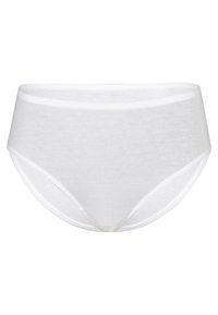Slip in cotone bianco con una texture liscia, design a vita alta e morbida fascia elasticizzata, caratterizzato da cuciture minime e senza ulteriori decorazioni.