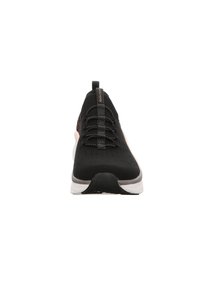 Black athletic shoe with a textured knit upper, contrasting pink accents, lace-up design, and a rounded white sole. Features a pull tab at the heel.