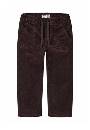 Pantalon en velours côtelé marron foncé pour enfants avec taille élastique, poches avant et cordon de serrage.