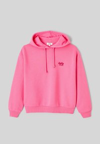 Sweat à capuche rose en tissu doux, avec une poche avant, une capuche à cordon réglable et "promenade quotidienne" brodé en rose foncé.
