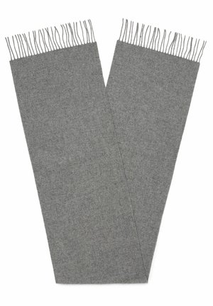 Écharpe grise en tissu doux avec une texture lisse. Présente des bords frangés, exposée à plat avec une forme rectangulaire.