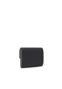 Black leather wallet with a textured finish, rectangular shape, and a subtle gray lining. Features a simple, seamless closure.