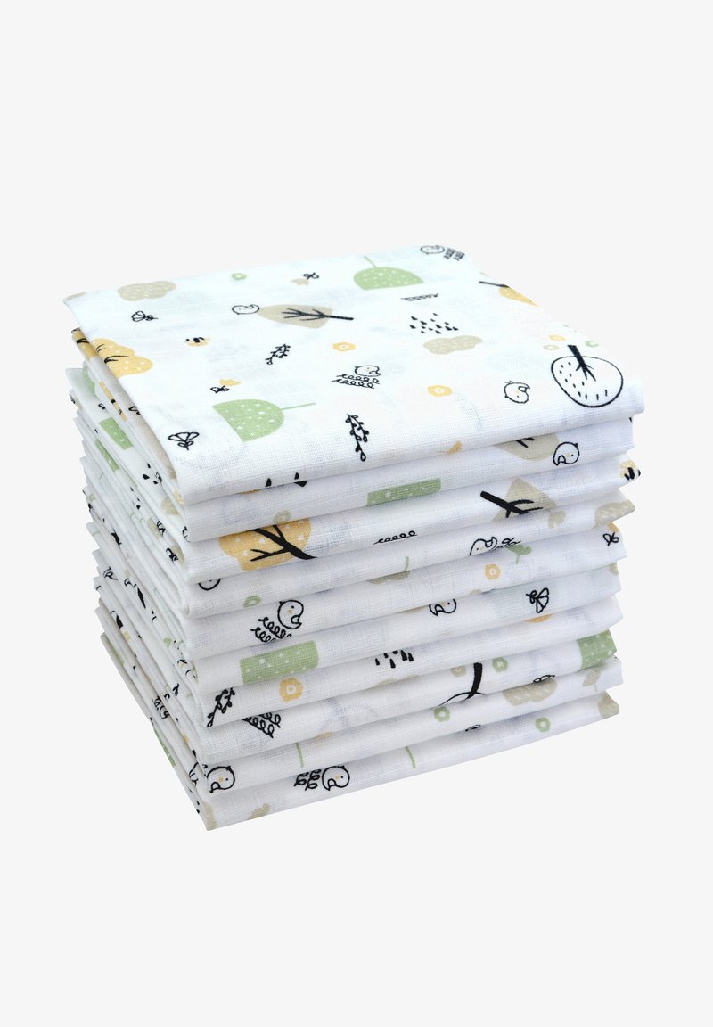 Stapel van katoenen mousseline doeken met een witte achtergrond en zwarte, groene en gele speelse patronen van bladeren, bomen en vogels.