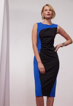 Fitted dress featuring a blue and black color block design, sleeveless cut, and textured fabric with gathered detail on one side.