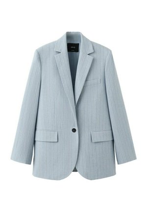 Blazer de rayas finas gris claro con solapas con muesca, cierre con un solo botón negro, bolsillos con solapa y un bolsillo de ojal en el pecho.