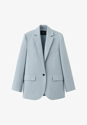 Lichtgrijs blazer met krijtstreep, voorzien van ingesneden revers, enkele zwarte knoopsluiting, klepzakken en een borstzak met bies.