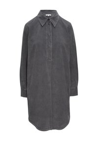 Abito camicia grigio a maniche lunghe con colletto a punta, patta abbottonata e orlo curvo. Realizzato in un tessuto leggero e testurizzato.