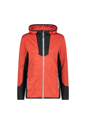 Chaqueta con capucha de color coral y negro, con una cremallera delantera turquesa y dos bolsillos laterales, sobre un fondo blanco.