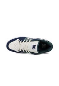 Blue and white sneaker with suede and leather materials, featuring a rounded toe, lace-up closure, and logo on the side.