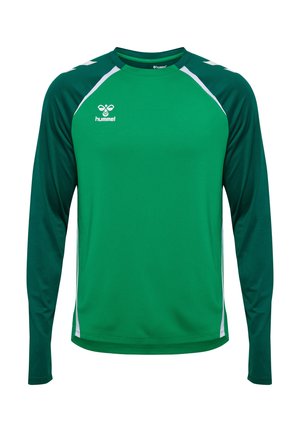 Maglietta sportiva verde a maniche lunghe con maniche raglan verde scuro a contrasto. Presenta dettagli bianchi e un piccolo logo sul petto.