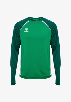 Grünes Sporthemd mit langen Ärmeln und kontrastierenden dunkelgrünen Raglanärmeln. Besitzt weiße Akzente und ein kleines Logo auf der Brust.