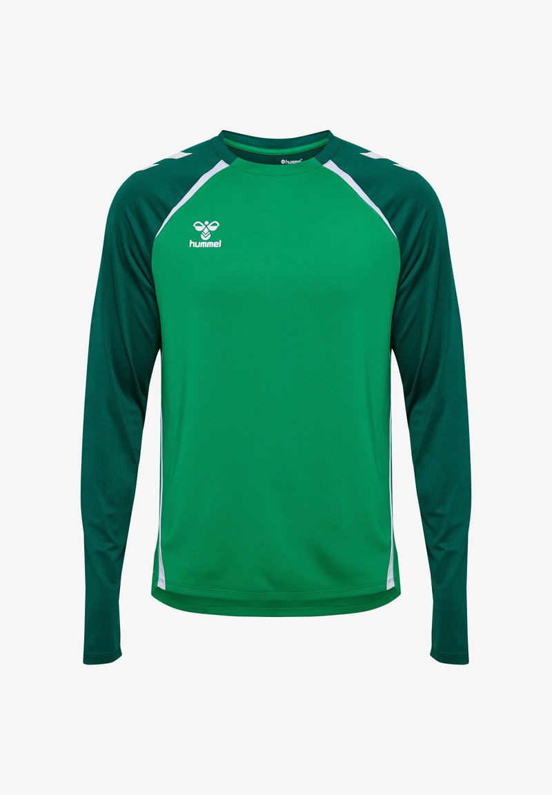 Zielona sportowa koszulka z długim rękawem i kontrastowymi, ciemnozielonymi rękawami raglanowymi. Posiada białe akcenty oraz małe logo na piersi.