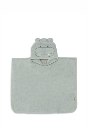 Poncho à capuche pour enfants vert clair avec visage et oreilles d’hippopotame sur la capuche, en tissu éponge doux.