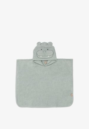 Poncho à capuche pour enfants vert clair avec visage et oreilles d’hippopotame sur la capuche, en tissu éponge doux.