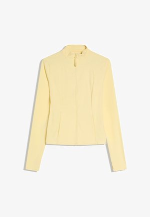 Light yellow fitted jacket with long sleeves, front zipper, and subtle seam detailing on torso, displayed on white background.