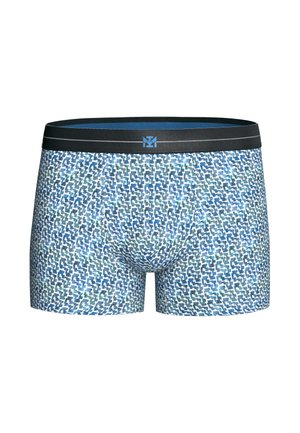 Herren-Boxershorts mit schwarzem Bund, mit einem geometrischen Muster in Blau- und Weißtönen.
