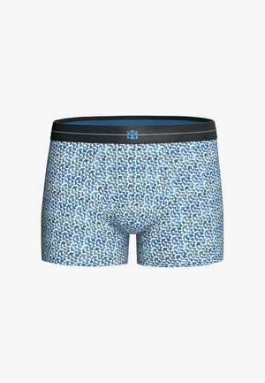 Herren-Boxershorts mit schwarzem Bund, mit einem geometrischen Muster in Blau- und Weißtönen.