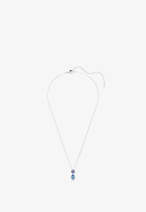 Silberkette mit einer Kette und zwei Edelsteinen: ein runder violetter Stein und ein tropfenförmiger blauer Stein, beide in einem schlichten Design gefasst.