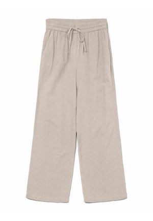 Pantalons beige à jambes larges en tissu léger, avec une taille élastique et un cordon de serrage, offrant une coupe décontractée.