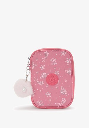 Pink zippered pouch with white animal and star patterns, featuring a fluffy light pink pom pom keychain and a round logo accent.