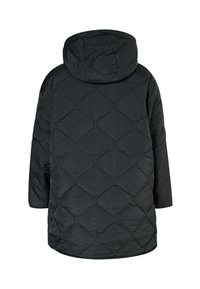 Parka nera lunga trapuntata con cappuccio, caratterizzata da un motivo a diamante testurizzato e vestibilità over-size. Include maniche lunghe e una lunghezza arrotondata.
