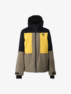 Giacca invernale con pannelli gialli sul petto, spalle e cappuccio neri, parte inferiore e maniche beige, zip frontale e logo sul lato sinistro del petto.