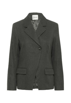 Dark gray tailored blazer with notch lapels, single black button closure, and two front flap pockets.