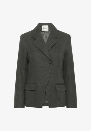 Temno siva krojena blazer jakna z izrezanimi kragni, enim črnim gumbom za zapiranje in dvema sprednjima žepoma s poklopcem.