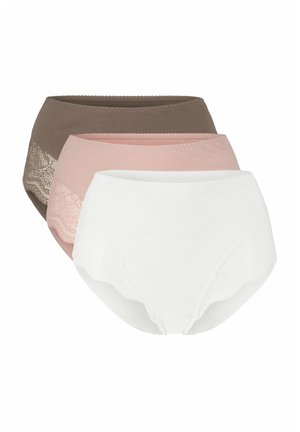 Drie paar damesonderbroeken in bruin, roze en wit. Elk heeft kanten accenten aan de zijkanten en is gemaakt van een soepele, rekbare stof.