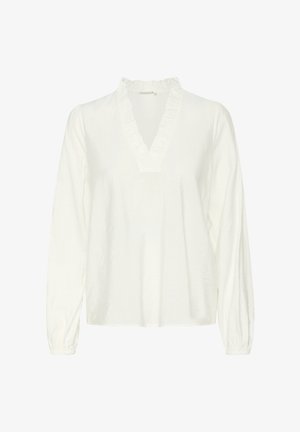 Bela bluzica z dolgimi rokavi z globokim V-izrezom in nabranimi robovi. Mehka tkanina z diskretnim teksturiranim vzorcem. Manšete so nabrite za sproščen videz.