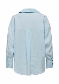 Camicia azzurra chiara a maniche lunghe con colletto. Tessuto strutturato con piega posteriore e polsini abbottonati. Dettaglio delle cuciture sulle spalle.