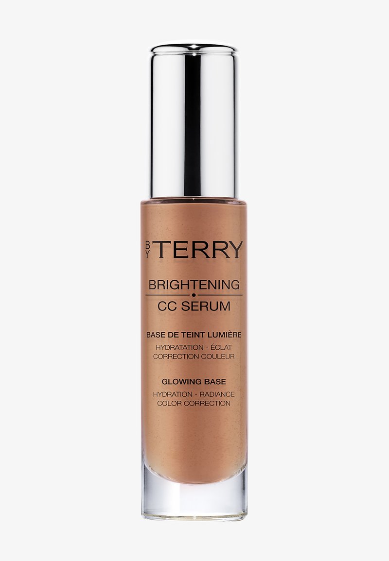 Brightening CC serum bottle with silver cap, labeled for hydration, radiance, and color correction on a white background.