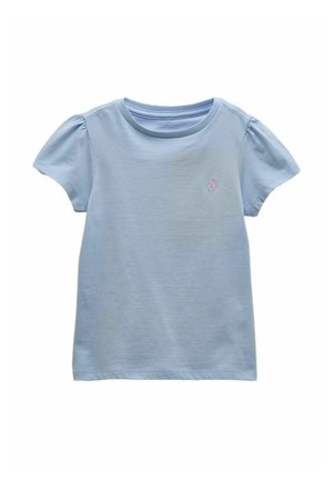Hellblaues kurzärmeliges Kleinkind-T-Shirt mit rundem Ausschnitt und kleinem pinkfarbenem, gesticktem Logo auf der Brust.