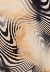 Abstract ontwerp van draaiende zwarte en beige lijnen op een textuuroppervlak met zachte verlopen en variërende dikte in de lijnen.
