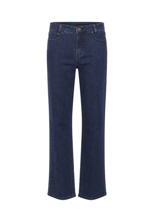 Donkerblauwe rechte denim jeans met een knoop en rits aan de voorkant, voor- en achterzakken, weergegeven op een witte achtergrond.