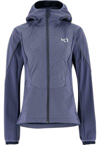 Veste softshell féminine violette avec un devant texturé, fermeture éclair intégrale, capuche et tissu lisse. Présente un passepoil contrastant délicat le long des manches.