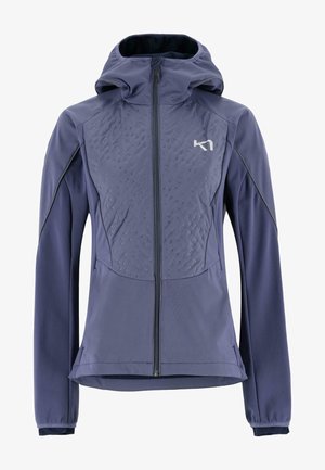 Damen lila Softshell-Jacke mit strukturiertem Vorderteil, durchgehendem Reißverschluss, Kapuze und glattem Stoff. Mit dezentem Kontrast-Besatz an den Ärmeln.