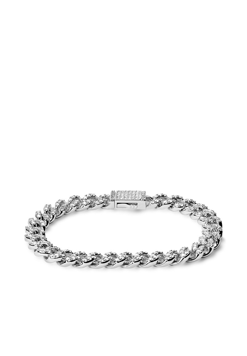 Metallarmbånd med sammenkoblede lenker og en polert sølvfinish. Detaljer med klare steiner på spennen legger til ekstra eleganse.