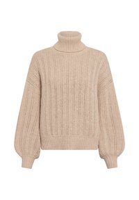 Beige Rollkragenpullover mit gerippter Textur, lockerer Passform und Ballonärmeln. Verfügt über subtile Metallfäden und einen breiten gerippten Saum.