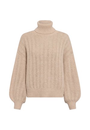 Beige Rollkragenpullover mit gerippter Textur, lockerer Passform und Ballonärmeln. Verfügt über subtile Metallfäden und einen breiten gerippten Saum.