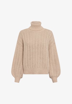 Beige Rollkragenpullover mit gerippter Textur, lockerer Passform und Ballonärmeln. Verfügt über subtile Metallfäden und einen breiten gerippten Saum.