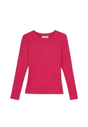 Sweter z długim rękawem, o okrągłym dekolcie, wykonany z dzianiny w jednolitym, jaskrawym różowym kolorze, o dopasowanym kroju.