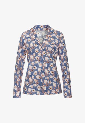 Bloemmotief overhemd met lange mouwen, een kraag, knopen aan de voorkant en een blauwe achtergrond met roze en witte bloemen.
