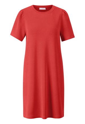 Red knee-length dress with short sleeves, round neckline, slight shoulder gathers, and straight relaxed fit.