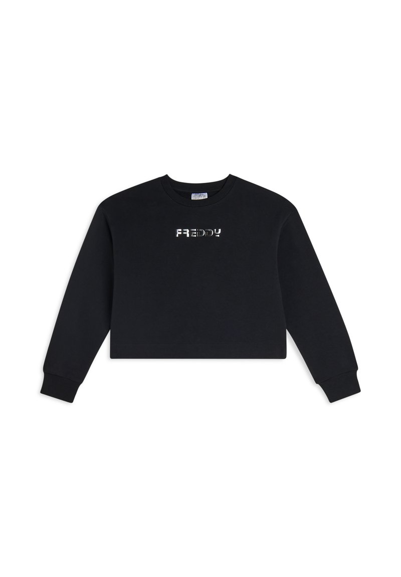Felpa nera corta in cotone con maniche lunghe. Presenta un logo riflettente "FREDDY" sul petto. Design classico con collo a girocollo.