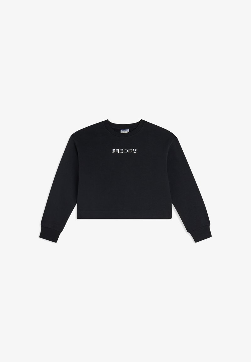 Felpa nera corta in cotone con maniche lunghe. Presenta un logo riflettente "FREDDY" sul petto. Design classico con collo a girocollo.