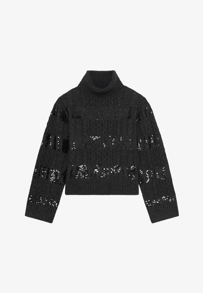 Maglione a collo alto grigio scuro a coste con maniche lunghe e bande orizzontali di paillettes nere sul corpo e sulle braccia.