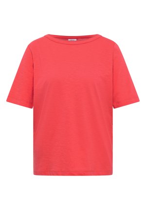 T-shirt rouge uni à manches courtes avec col rond, présenté à plat sur un fond blanc.
