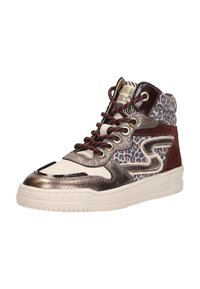 Hoge sneaker met gemengde materialen: bronzen metallic, dierenprint en bordeauxrode accenten. Ronde neus met vetersluiting en een gemerkte tong.
